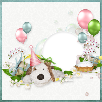 Festive Birthday Framewith Plush Dog PNG image