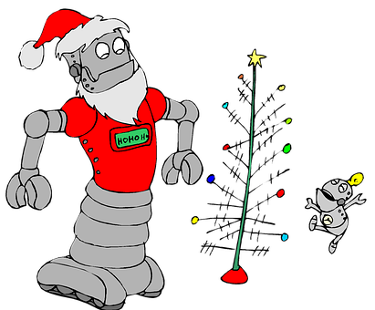 Festive Robots Decorating Christmas PNG image