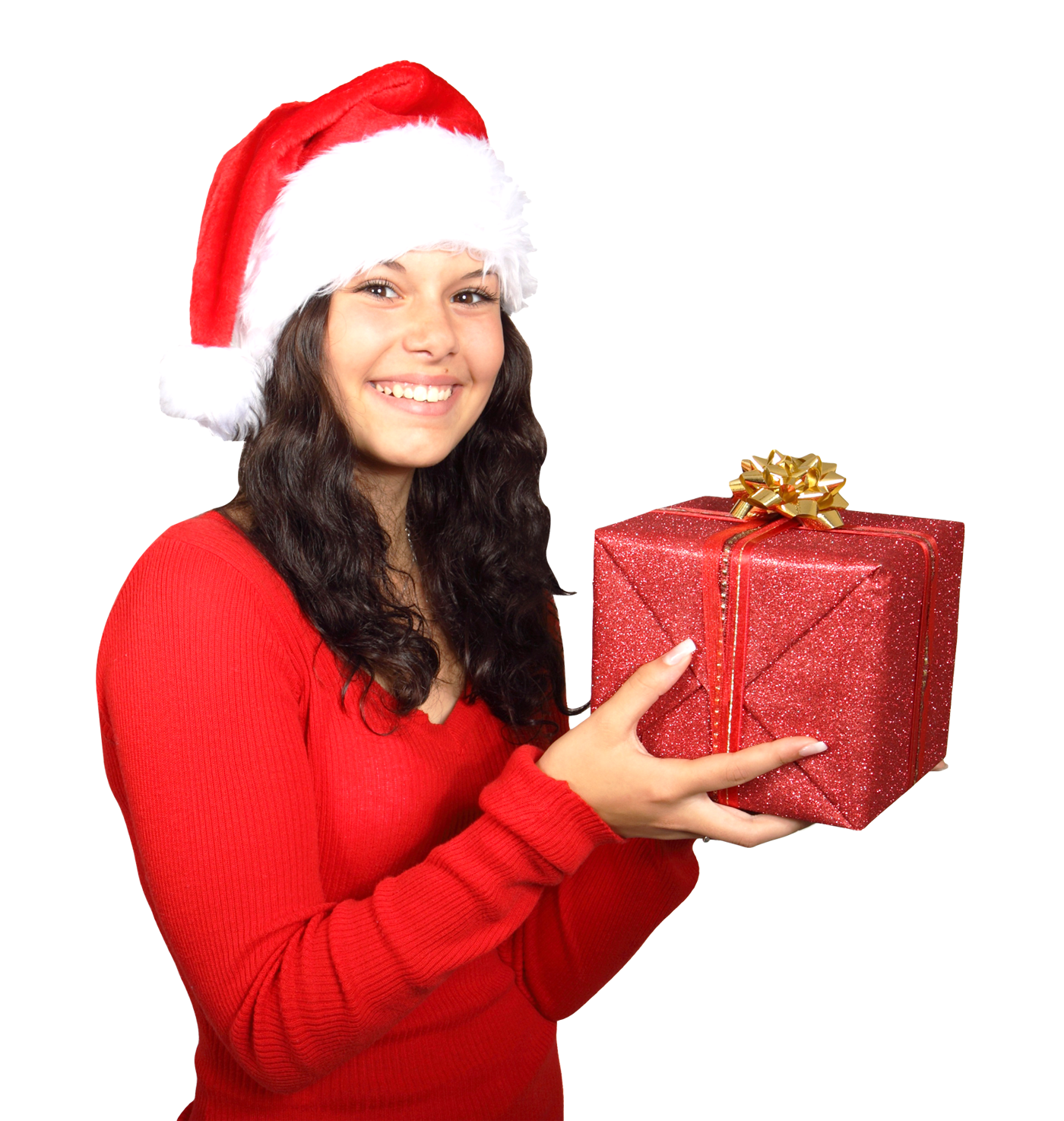 Festive Woman Holding Christmas Gift PNG image