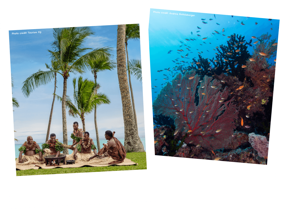 Fijian Cultural Gatheringand Underwater Coral Scenery PNG image