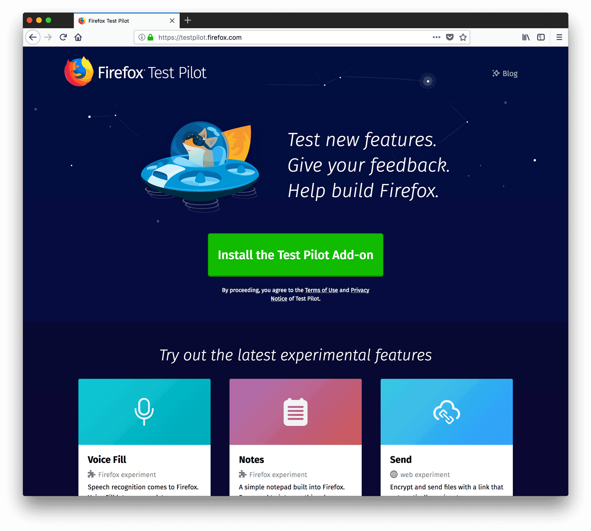 Firefox Test Pilot Program Screen PNG image