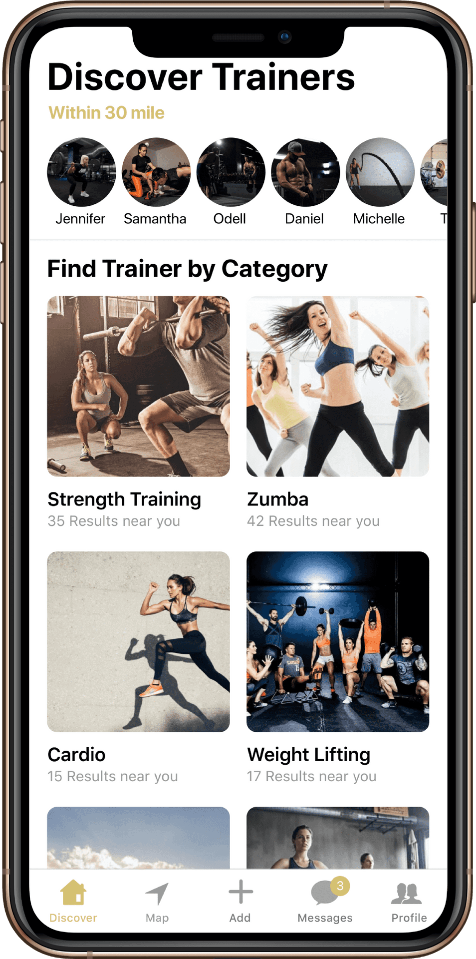 Fitness Trainer Discovery App Screen PNG image