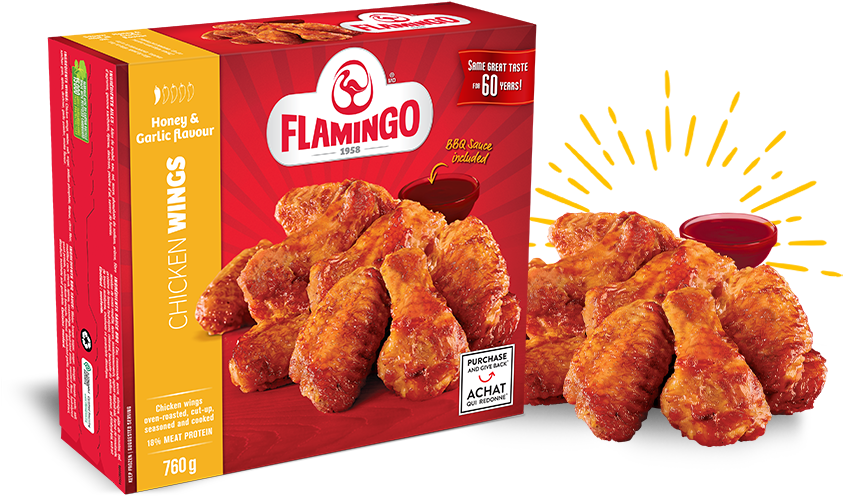 Flamingo Honey Garlic Chicken Wings Packaging PNG image