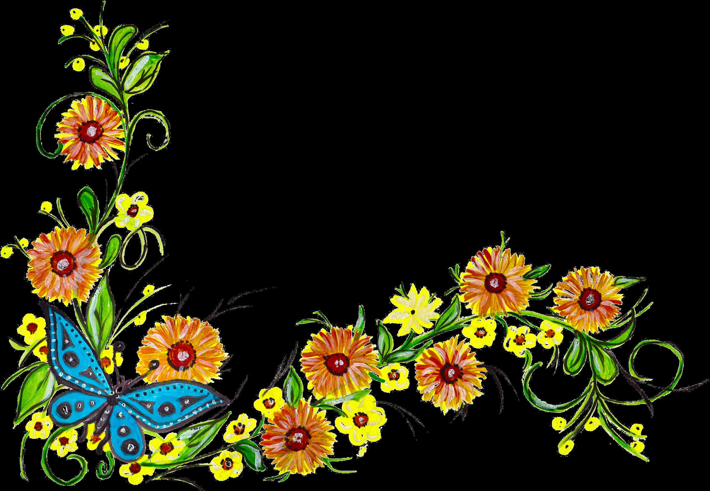 Floral_ Artwork_with_ Blue_ Butterfly PNG image