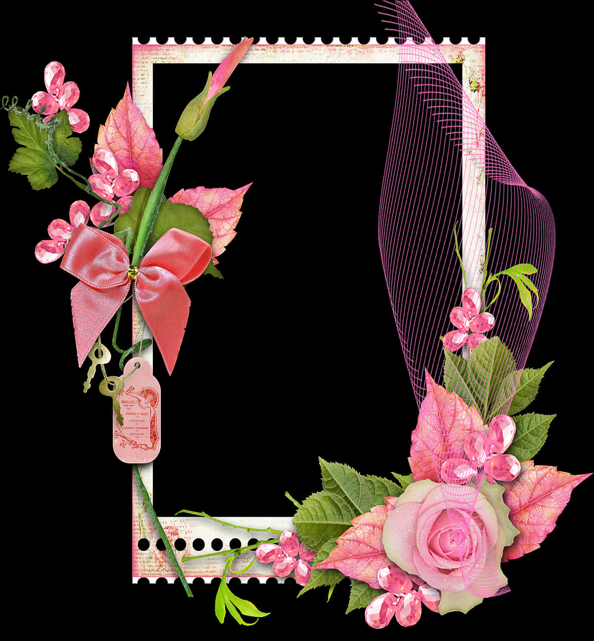 Floral_ Frame_with_ Pink_ Ribbon_and_ Rose PNG image