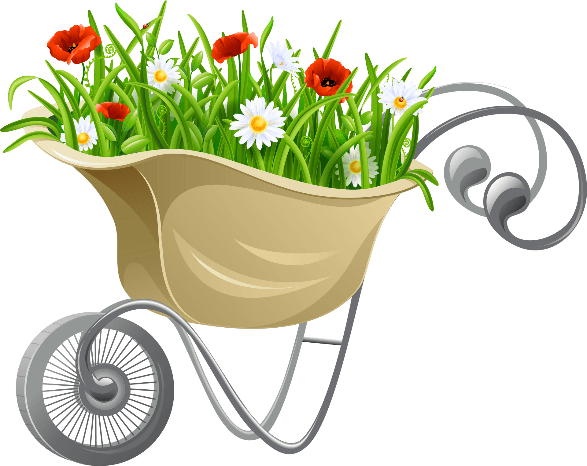 Floral Wheelbarrowand Earbuds Illustration PNG image