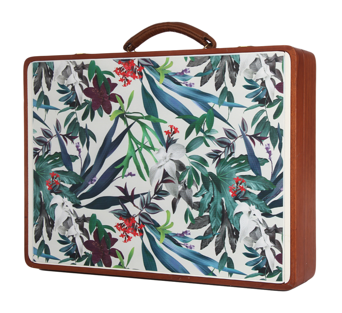 Floral Wooden Suitcase Design PNG image