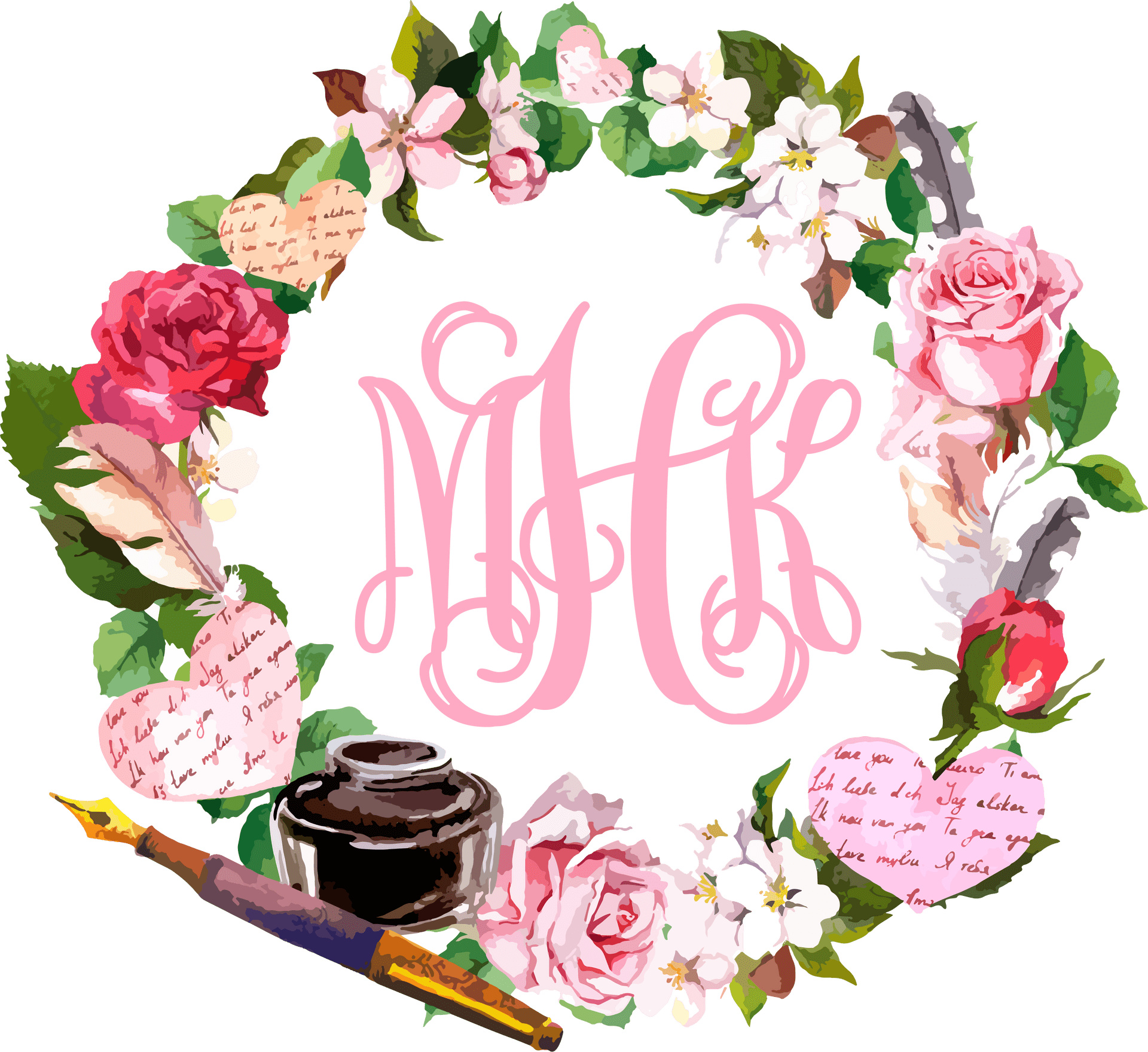 Floral_ Wreath_with_ Monogram_and_ Inkwell PNG image