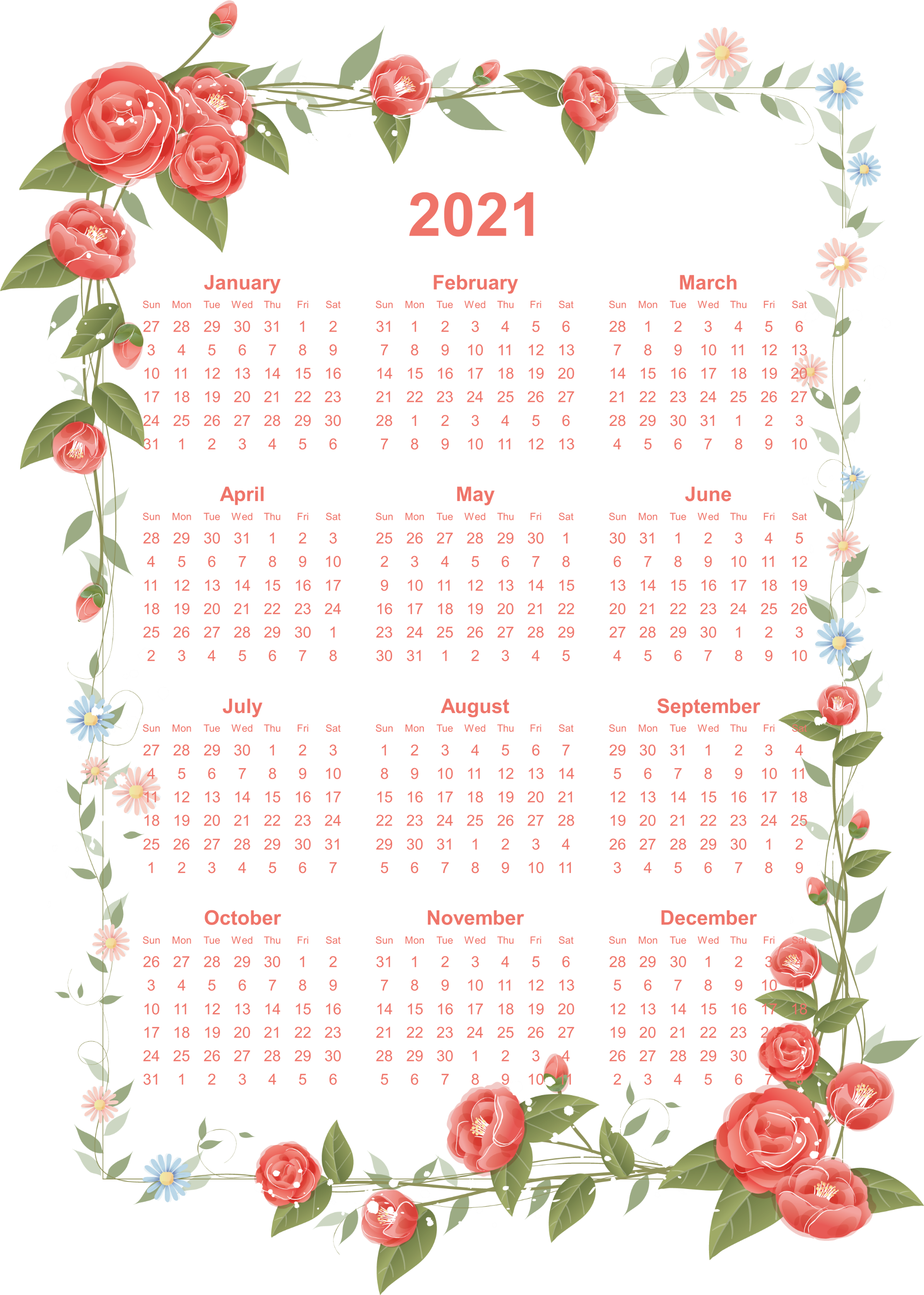 Floral2021 Yearly Calendar Design PNG image