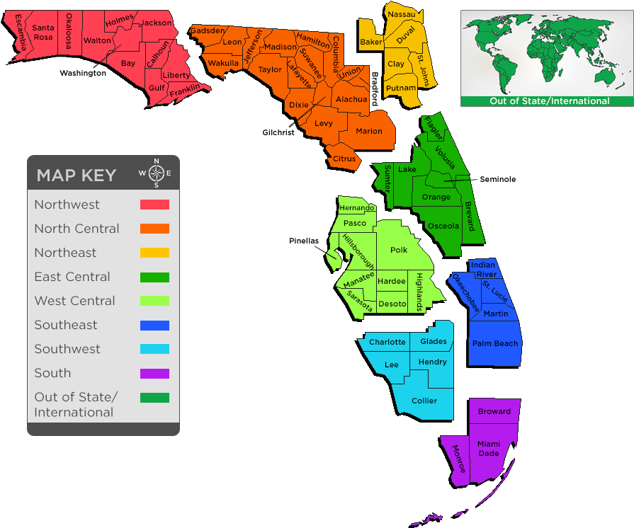 Florida Counties Regional Divisions Map PNG image