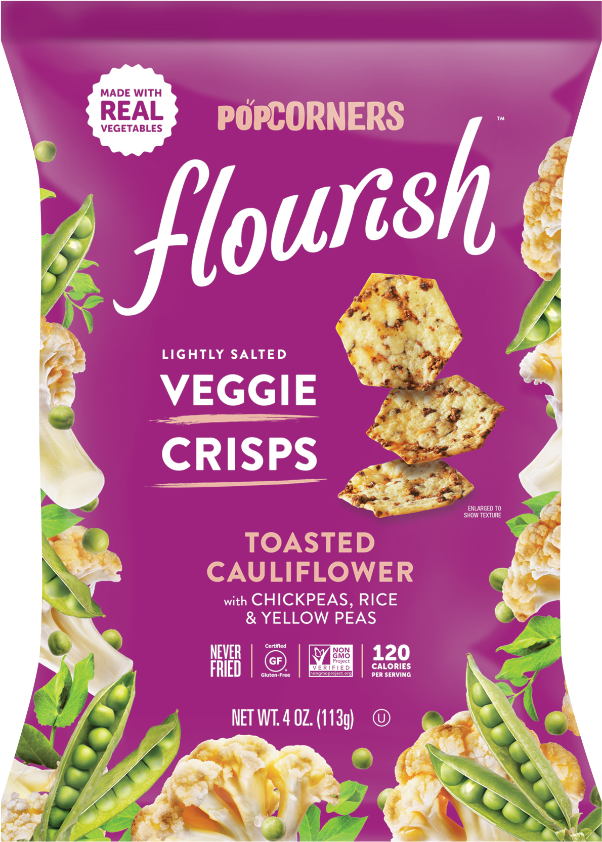 Flourish Veggie Crisps Cauliflower Packaging PNG image