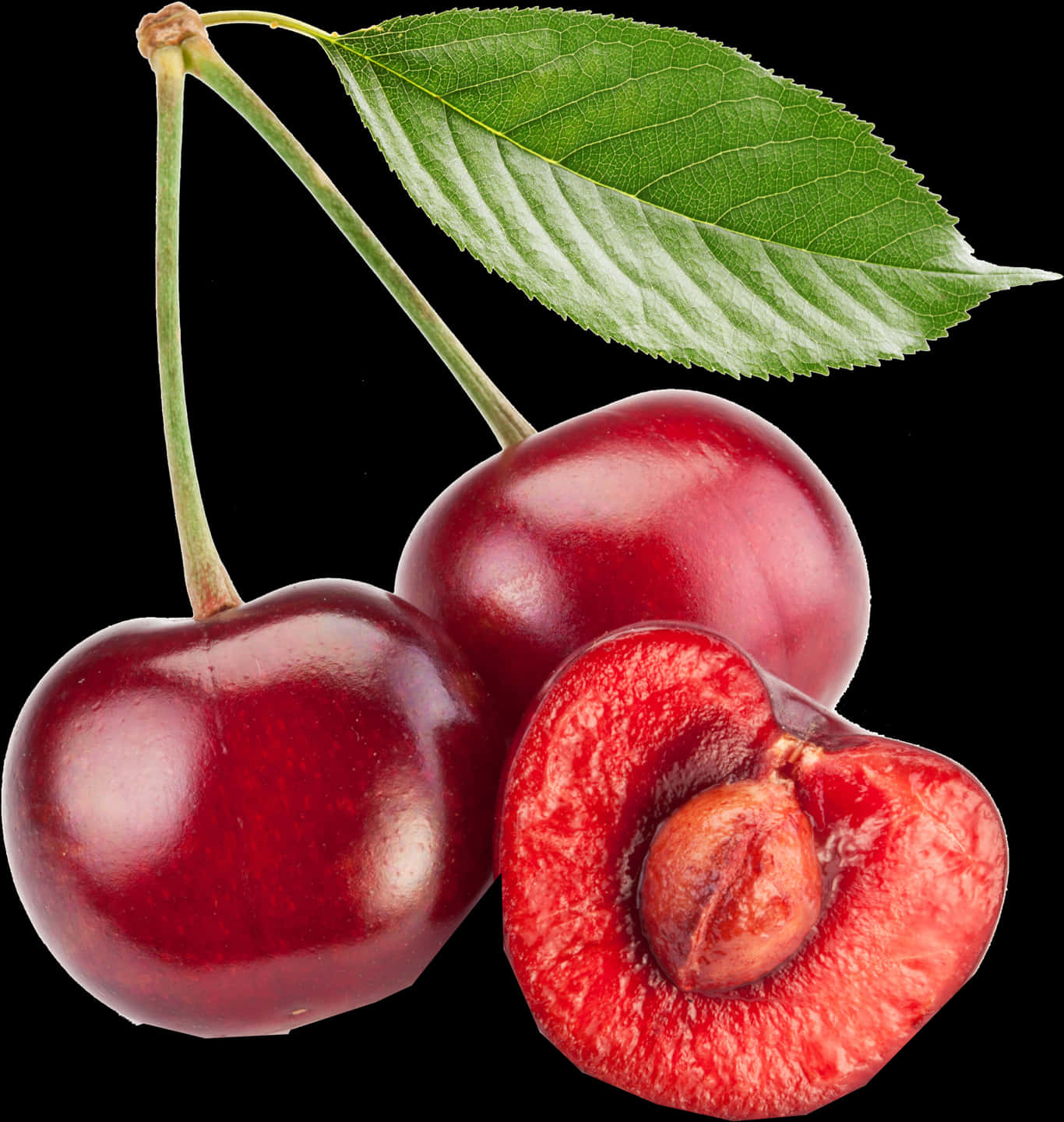 Fresh Cherries With Leafand Pit PNG image