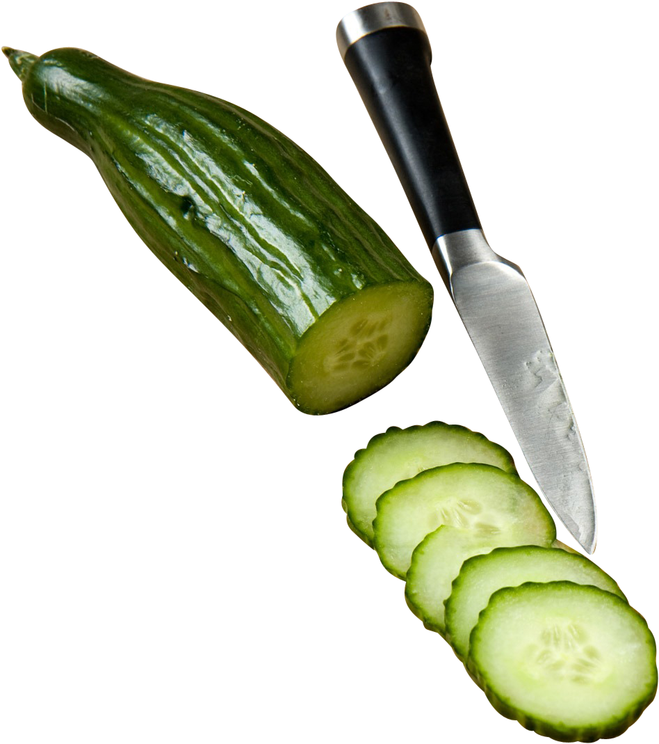 Fresh Cucumberand Sliceswith Knife.png PNG image