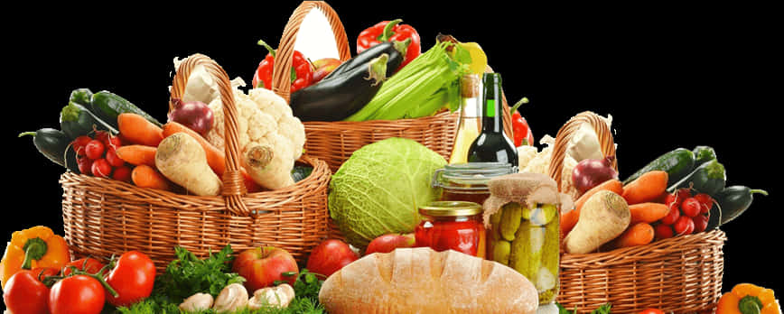 Fresh Vegetablesand Bread Baskets PNG image