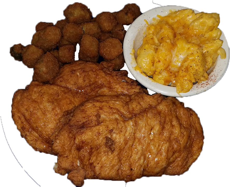 Fried Chicken Mac Cheese Hushpuppies Plate PNG image