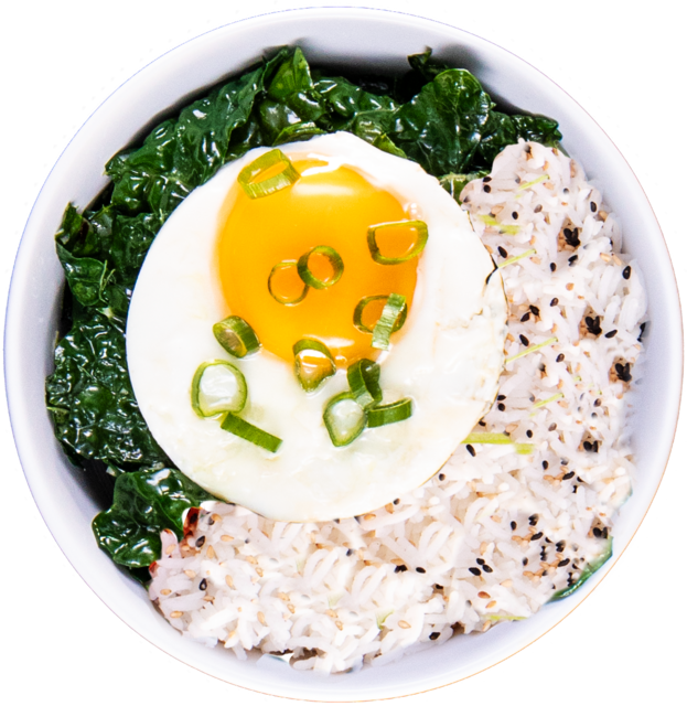 Fried Egg Spinach Rice Bowl PNG image