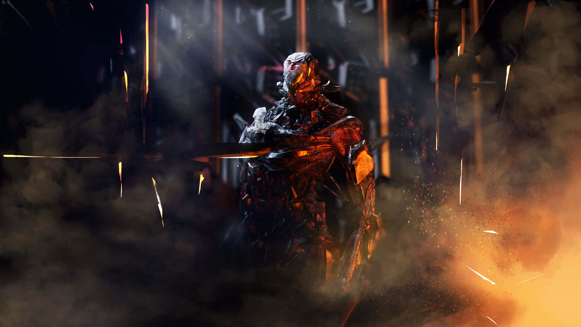 Futuristic_ Warrior_ Amidst_ Chaos PNG image