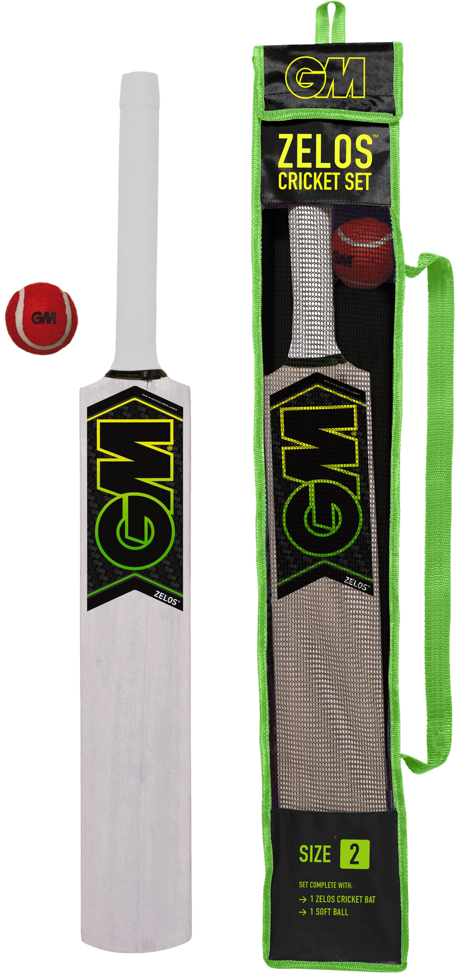 G M Zelos Cricket Batand Ball Set PNG image