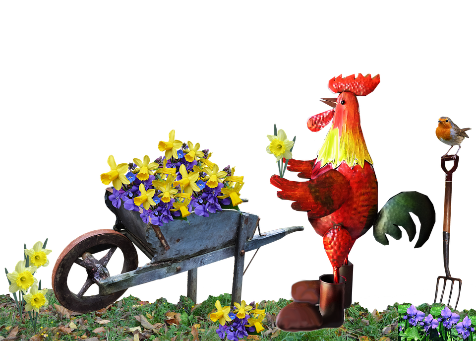 Gardening Roosterwith Flowersand Bird PNG image