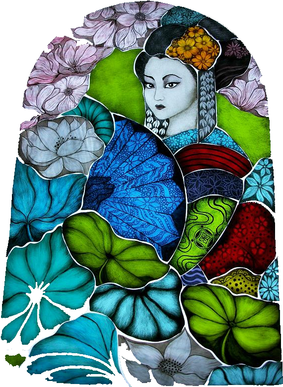 Geisha Among Floral Patterns PNG image