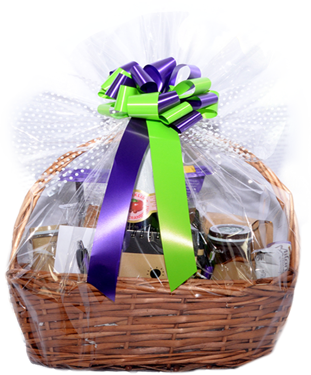 Gift Basketwith Purple Green Ribbon PNG image