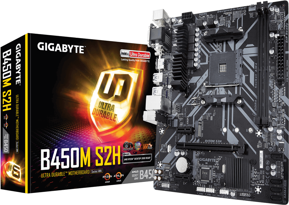 Gigabyte B450 M S2 H Motherboard Packagingand Product PNG image