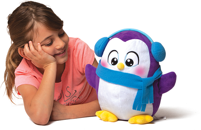 Girl Admiring Stuffed Penguin Toy PNG image