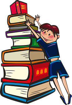 Girl Climbing Book Pile PNG image