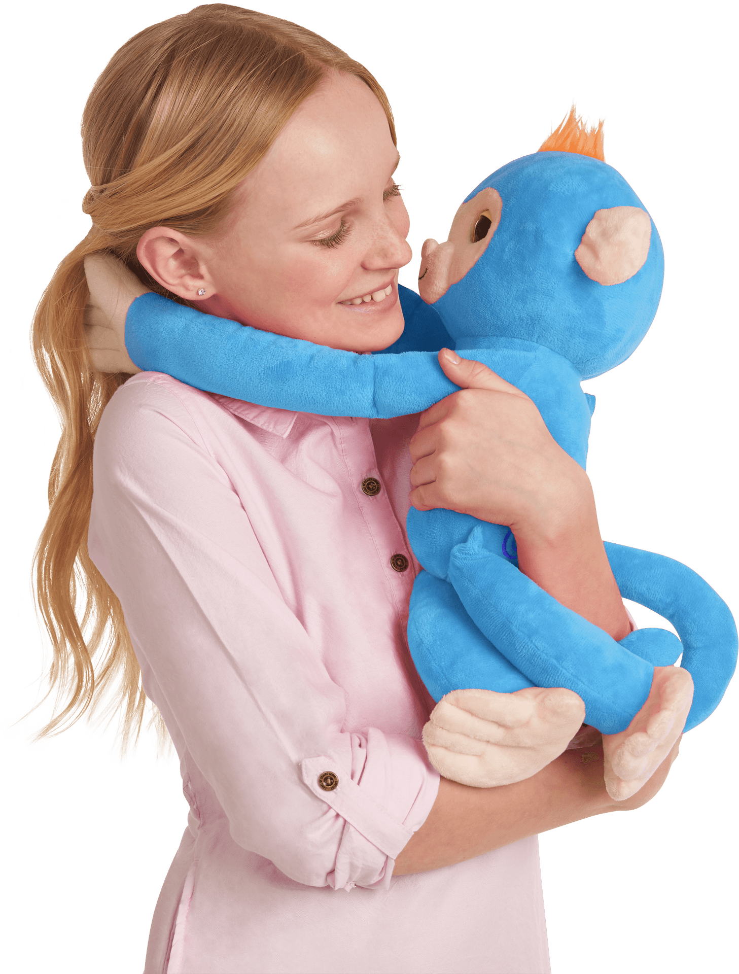 Girl Hugging Blue Plush Monkey PNG image