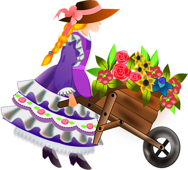 Girl Pushing Flower Cart Illustration PNG image