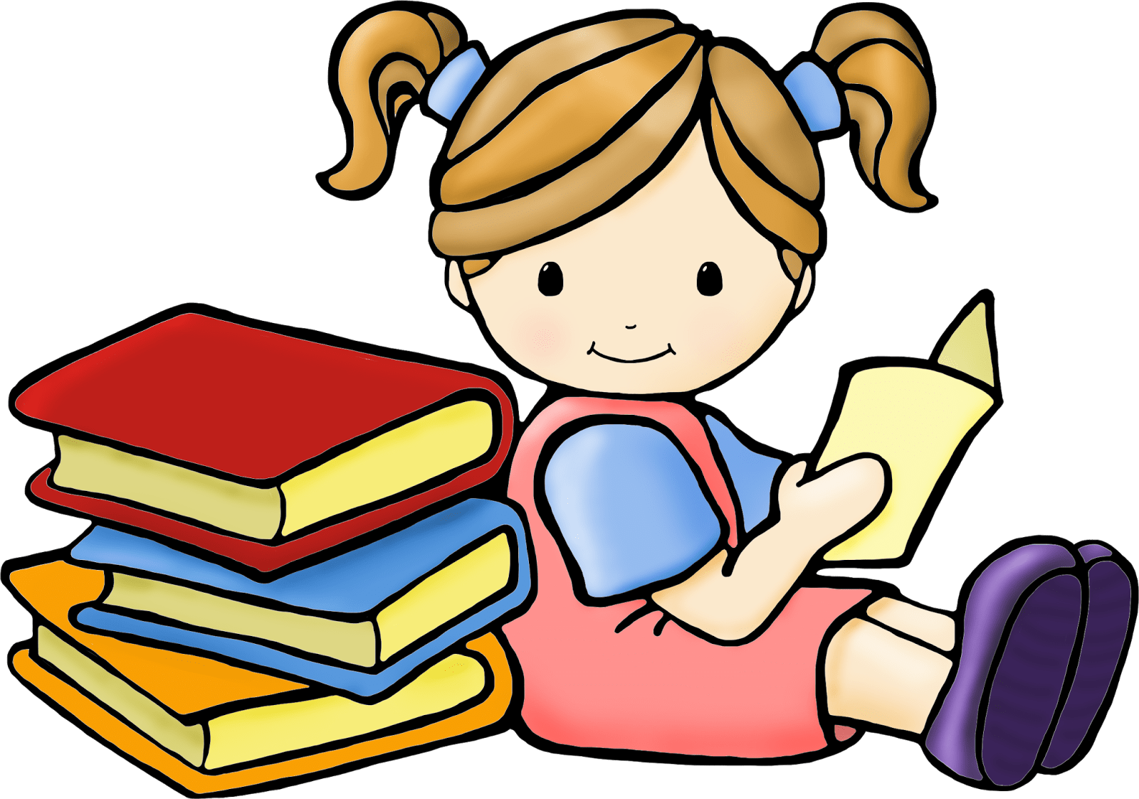 Girl Reading Books Cartoon PNG image