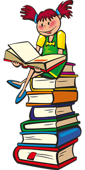 Girl Readingon Book Pile PNG image