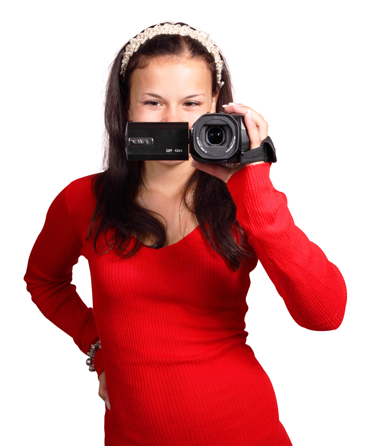 Girlin Red Holding Camera PNG image