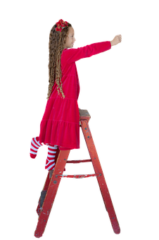 Girlin Red Reaching Outon Ladder PNG image