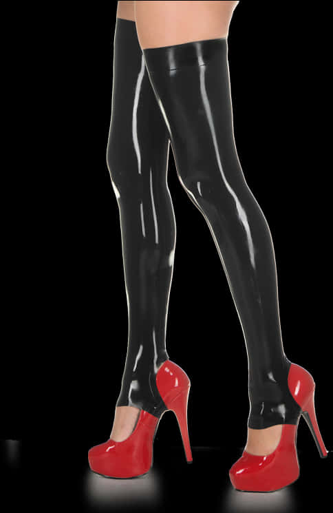 Glossy Black Latex Stockings Red High Heels PNG image