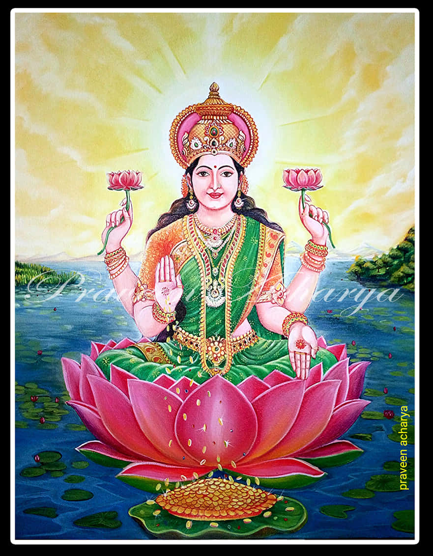 Goddess Lakshmion Lotus Painting PNG image