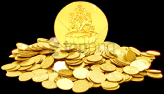Gold Coins Pile With Large Coin Display PNG image