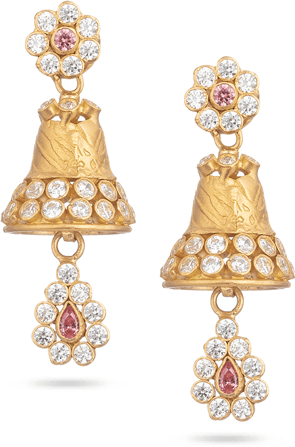 Gold Diamond Bell Drop Earrings PNG image