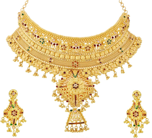 Gold Necklace Earrings Set Traditional Design PNG image