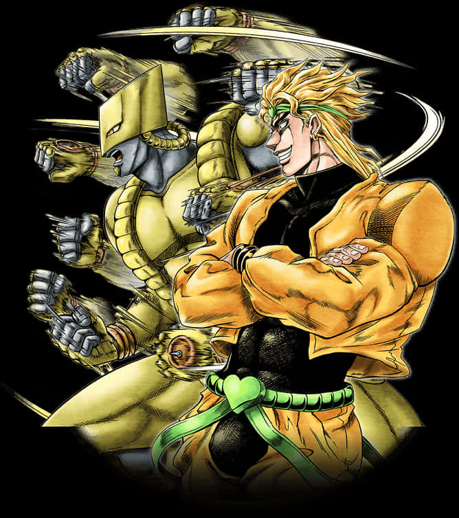 Golden_ Anime_ Character_and_ Mechanical_ Companion PNG image