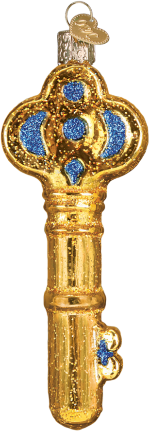 Golden Blue Ornate Key Ornament PNG image