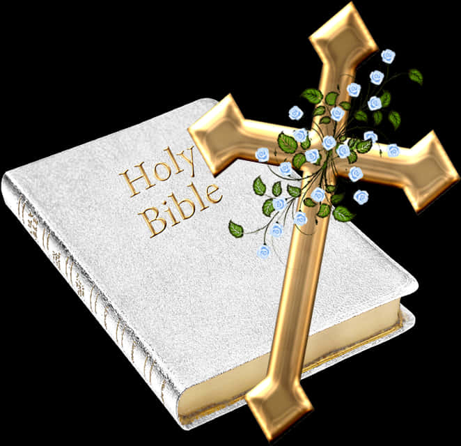 Golden Cross Biblewith Flowers PNG image