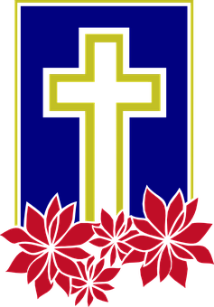 Golden Cross Blue Background Red Flowers PNG image