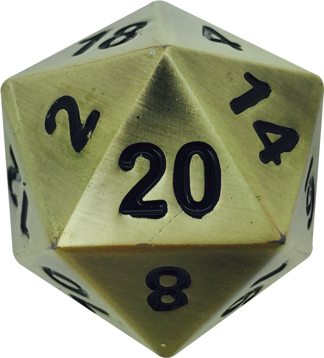 Golden D20 Dice Closeup PNG image