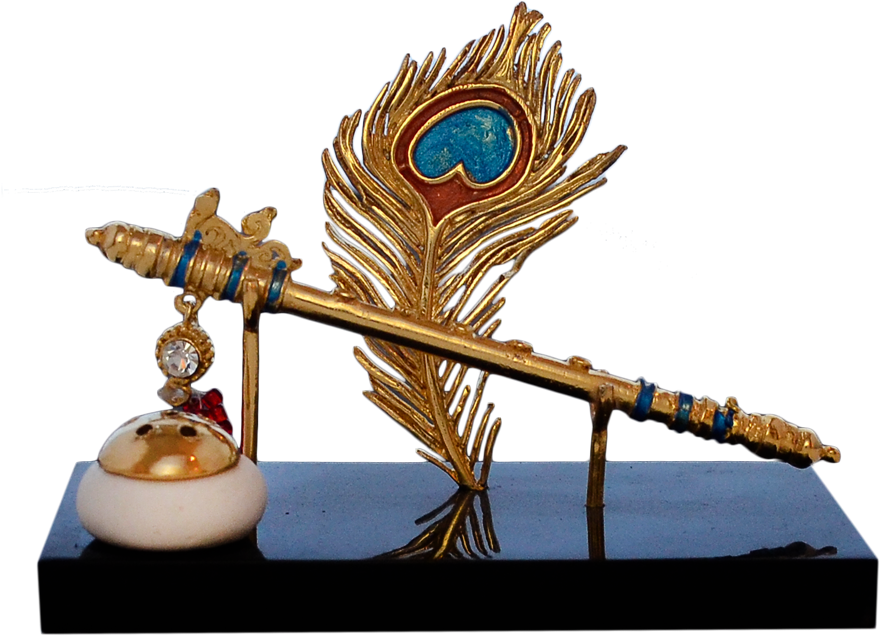 Golden Feathered Bansuri Decorative Art Piece PNG image
