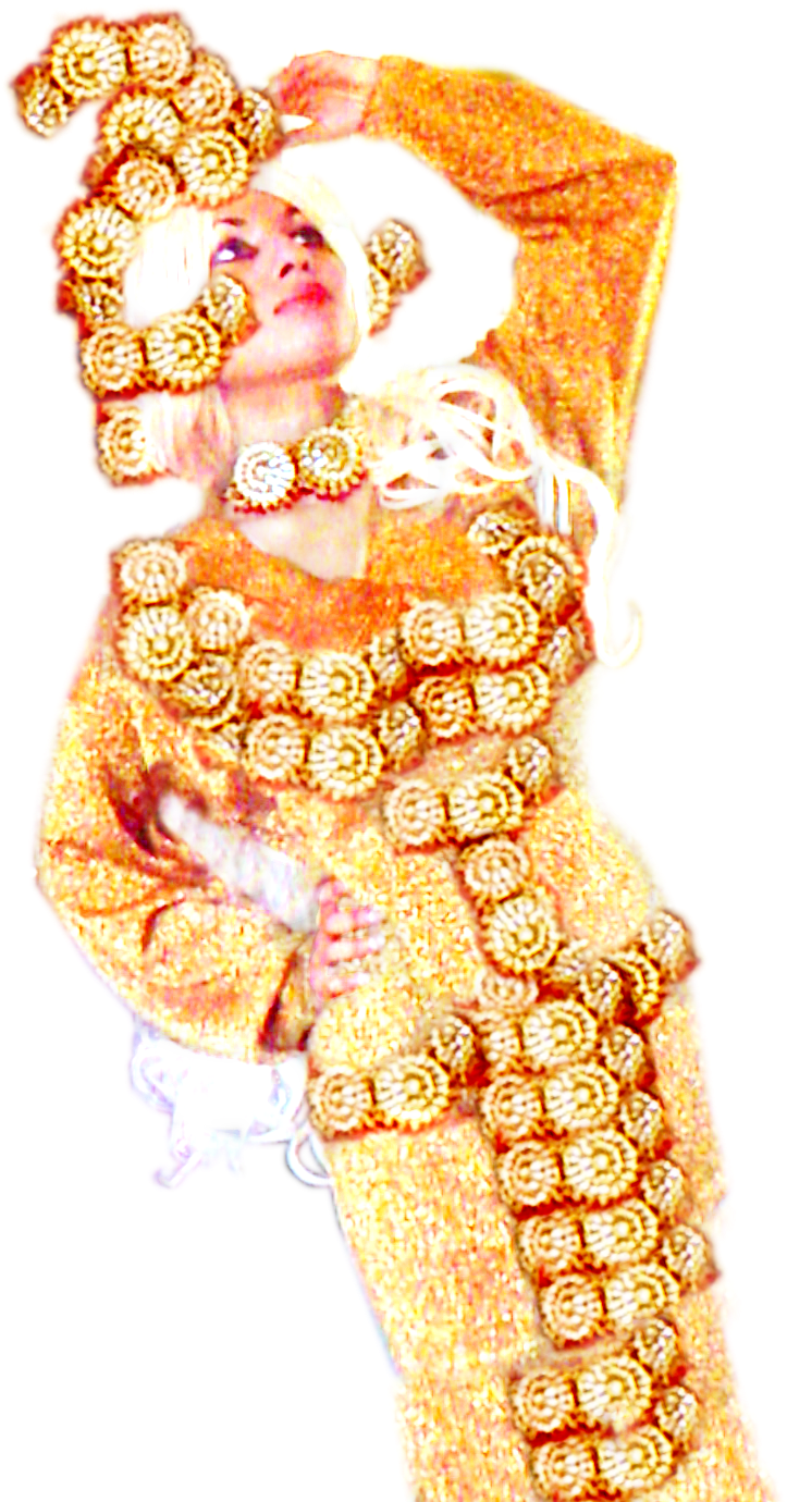Golden Floral Attire_ Woman Posing PNG image