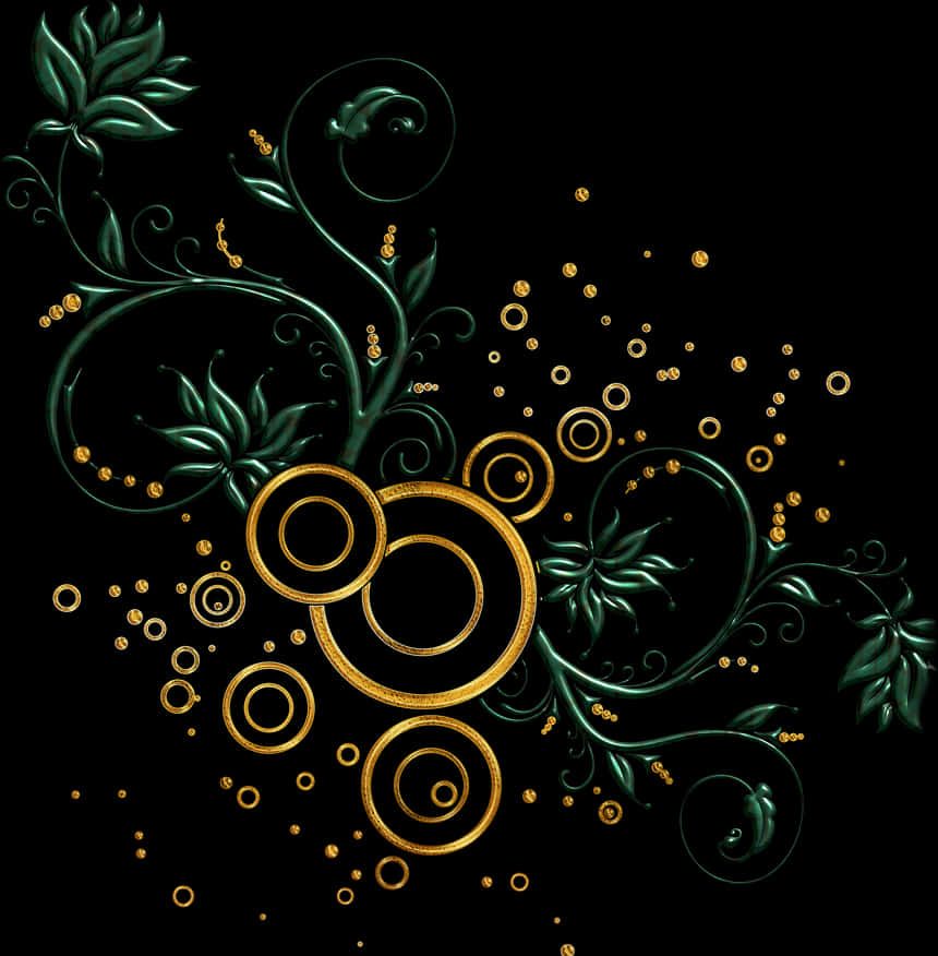 Golden Floral Designon Black Background PNG image