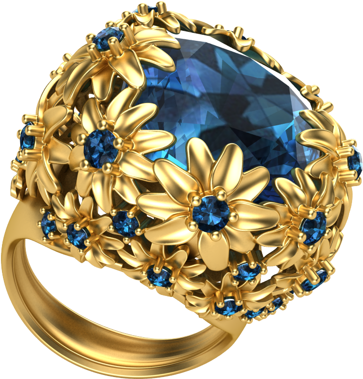 Golden Floral Sapphire Ring3 D Render PNG image
