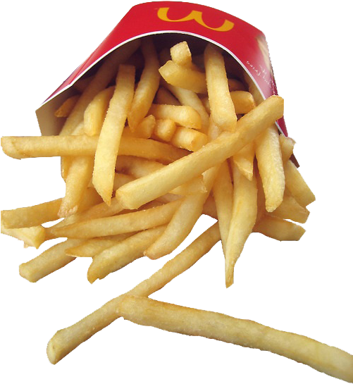 Golden French Fries Spilled From Red Carton PNG image