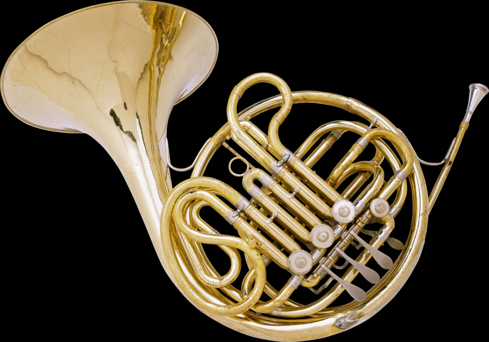 Golden French Horn Black Background PNG image